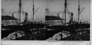 Image: The ROOSEVELT in winter quarters. [Supplies and crew on shore in foreground]