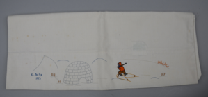 Image of Embroidered pair of pillowcases with figures and snowhouses, “E. Solis 1973” a&b