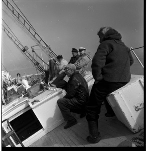 Image of "Shipwreck photos" - BOWDOIN's titled deck. Pilot Peter Peterson sitting near