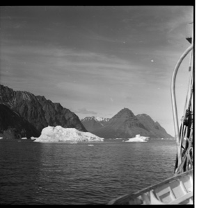 Image: Looking over the rail to icebergs and ice floes