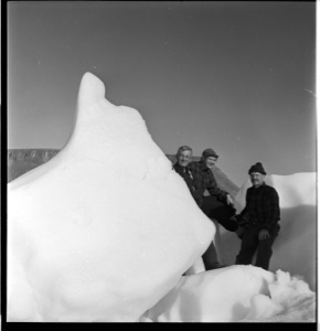 Image: Iceberg frolics; Bertie, Miriam and Rutherford Platt on small iceberg