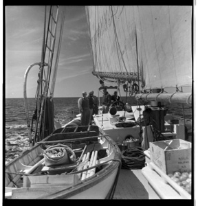 Image of Deck view looking toward wheel and crew