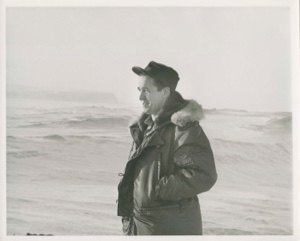 Image: Harold Grundy standing on snowy plain, hands in jacket pockets