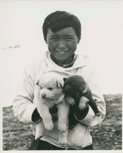 Image: Inuit boy holding two pups [Angussuanguaq Duneq]