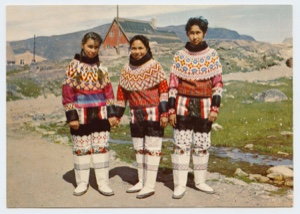 Image of Three West Greenland women in traditional dress (postcard)