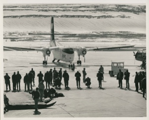 Image of Men with sledge and dog on tarmac near airplane