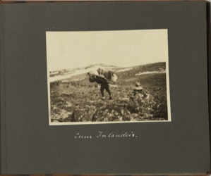 Image: Zum Inlandeis [To the Inland Ice, man walking up shore area, well bent over from large load he is carrying on his back]