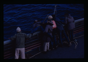 Image of Group helping individual balance as they lean over the side of the ship.