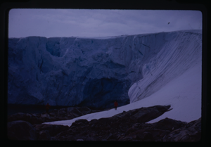 Image of From Site Bravo. Bonaparte PT Area, Arthur HBR, Palmer [Person looking at glacier]
