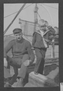 Image of Thomas Gushue (?) and Robert Peary, Jr.  on deck