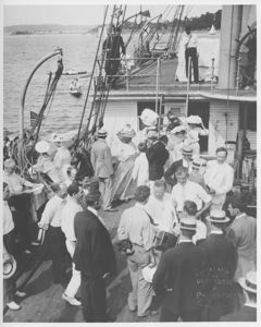 Image of Pres. Theodore Roosevelt, Peary and Guests aboard the Roosevelt at Oyster Bay, L
