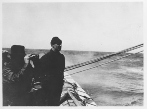 Image: [MacMillan on the Bowdoin, looking out]