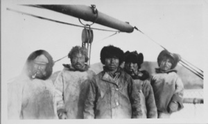 Image of [Five Eskimo [Inughuit] men on Bowdoin]