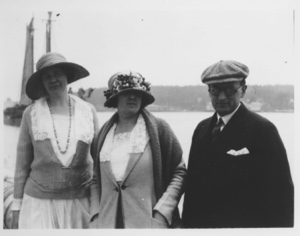 Image of [Two women, 1 man - guests on Bowdoin]