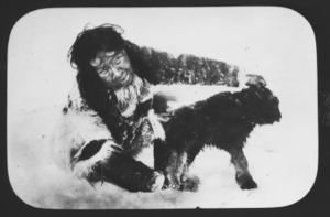 Image of [Eskimo [Inuk] and musk-ox calf]