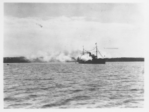 Image of [Ship with flags, billowing steam]