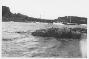 Image of [Looking toward shore and 2 ships. One is the BOWDOIN]