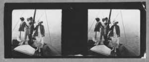 Image of [Two women, man, boy on deck] [Stereo View]