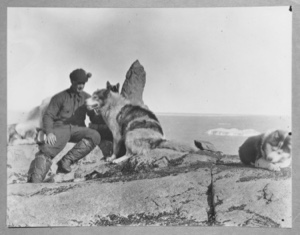 Image: MacMillan and dogs at Kane's Cairn