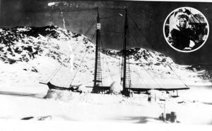 Image of Bowdoin frozen in N. Greenland for a year at Refuge Harbor (picture of 