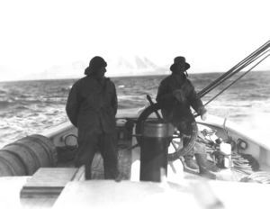 Image: Homeward bound off Labrador, Jot and Abie on quarter deck of Bowdoin