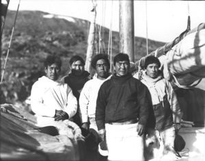 Image: Polar Eskimos [Inughuit] on board Bowdoin [l-r Nukapianguarssuk, Ole Quist, Ussarkak Tautsiak, Karkutsiak Etah, Navssak Sadorana]
