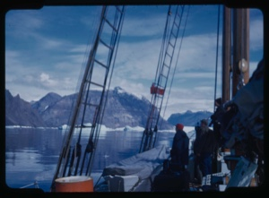 Image: Icebergs through rigging, crew on deck