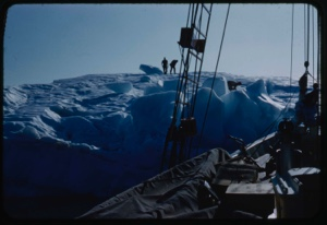Image of Bowdoin against iceberg; crew on the ice