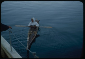Image of Polar Eskimo in kayak by Bowdoin to greet Mac