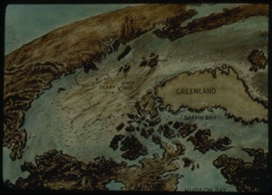 Image: Map of North Pole section of globe w/ Peary 1909 route