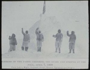 Image of The four Eskimos [Inuit] [Iggianguaq, Sigluk, Odaq, Ukkujaaq] and Matt Henson at the Pole