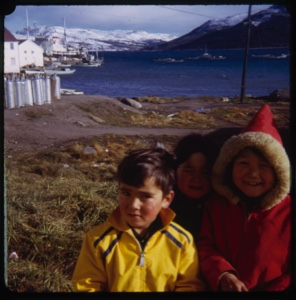 Image of White boy and two Eskimo [Inuit] girls