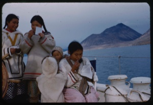 Image of Eskimos [Inuit] on the Bowdoin, women usiing cosmetics