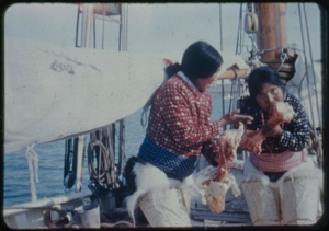 Image: Eskimo [Inuk] woman and Inawahoo eating meat, on board