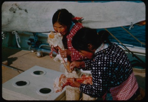Image of Eskimo [Inuk] woman and Inawahoo eating meat, on deck