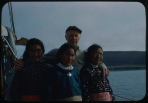 Image of Donald MacMillan and three Eskimo women from NP Expedition