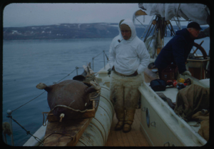 Image of Eskimo [Inuk] man w/ glasses, kayak, seal float on deck, ready for walrus hunt; DBM at