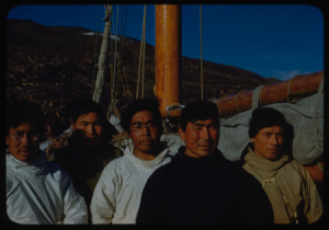 Image of Five Eskimo [Inuit] men aboard [Nukapinguaq, Ussarkangssuaq, Jacob Petersen, Qarkutsiaq Etah, Nassuk] 