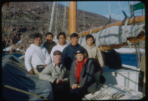 Image of Five Eskimo [Inuit] men, Donald and Miriam MacMillan aboard