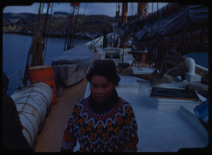 Image of Eskimo [Inuk] girl in bead collar, aboard