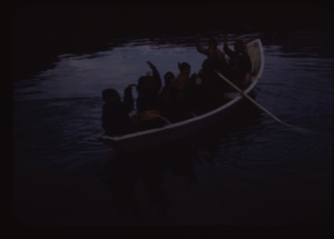Image of Eskimos [Inuit] greet The Bowdoin from open boat