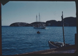Image of Bowdoin moored. Dory rowing in