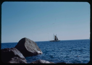 Image of Bowdoin under sail, off shore