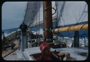 Image of Deck view, forward. Clayton Hodgdon in hatch 