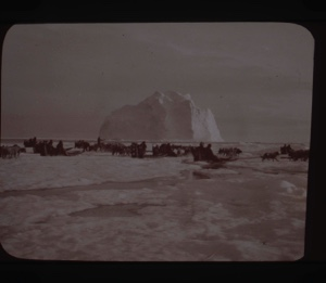 Image of "Several teams on ice, near iceberg"