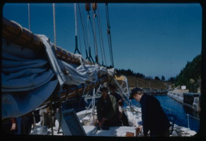 Image of Crew on deck; in canal