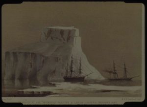 Image of Resolute and Intrepid passing large iceberg, Baffin's Bay