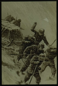 Image of Men dragging sledge in storm