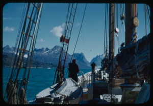 Image of Approaching glacier at fiord; Miriam MacMillan on deck