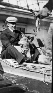 Image of Unidentified man in suit (reporter?), with dog on sledge aboard SS Roosevelt